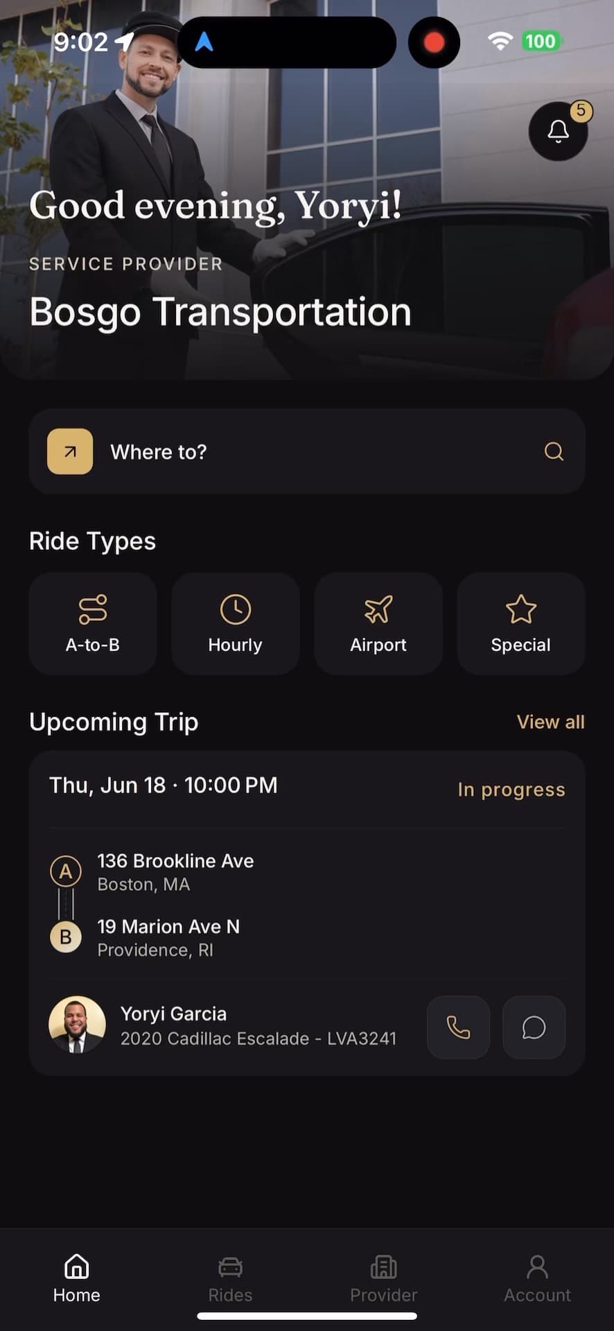 Coachman App home with ride types and upcoming trips