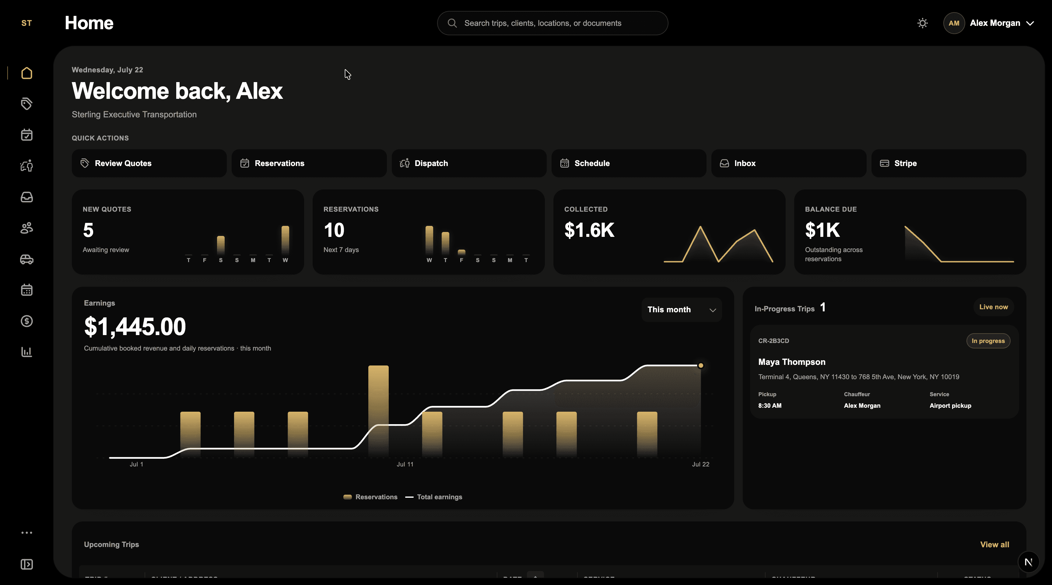 OneLimo Operations Home dashboard with quick actions, business metrics, earnings, and active trips
