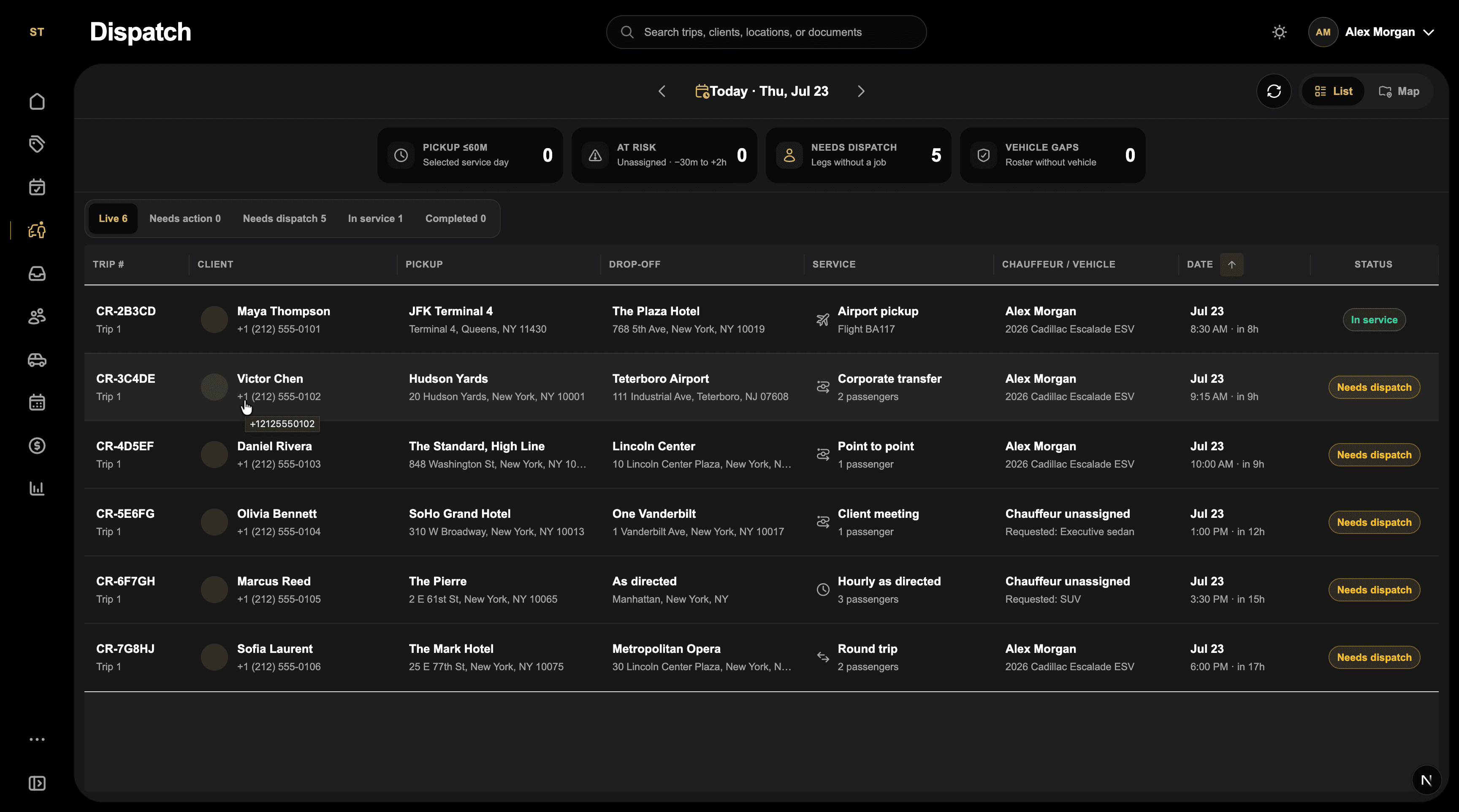 OneLimo dispatch workspace for chauffeur and vehicle assignments