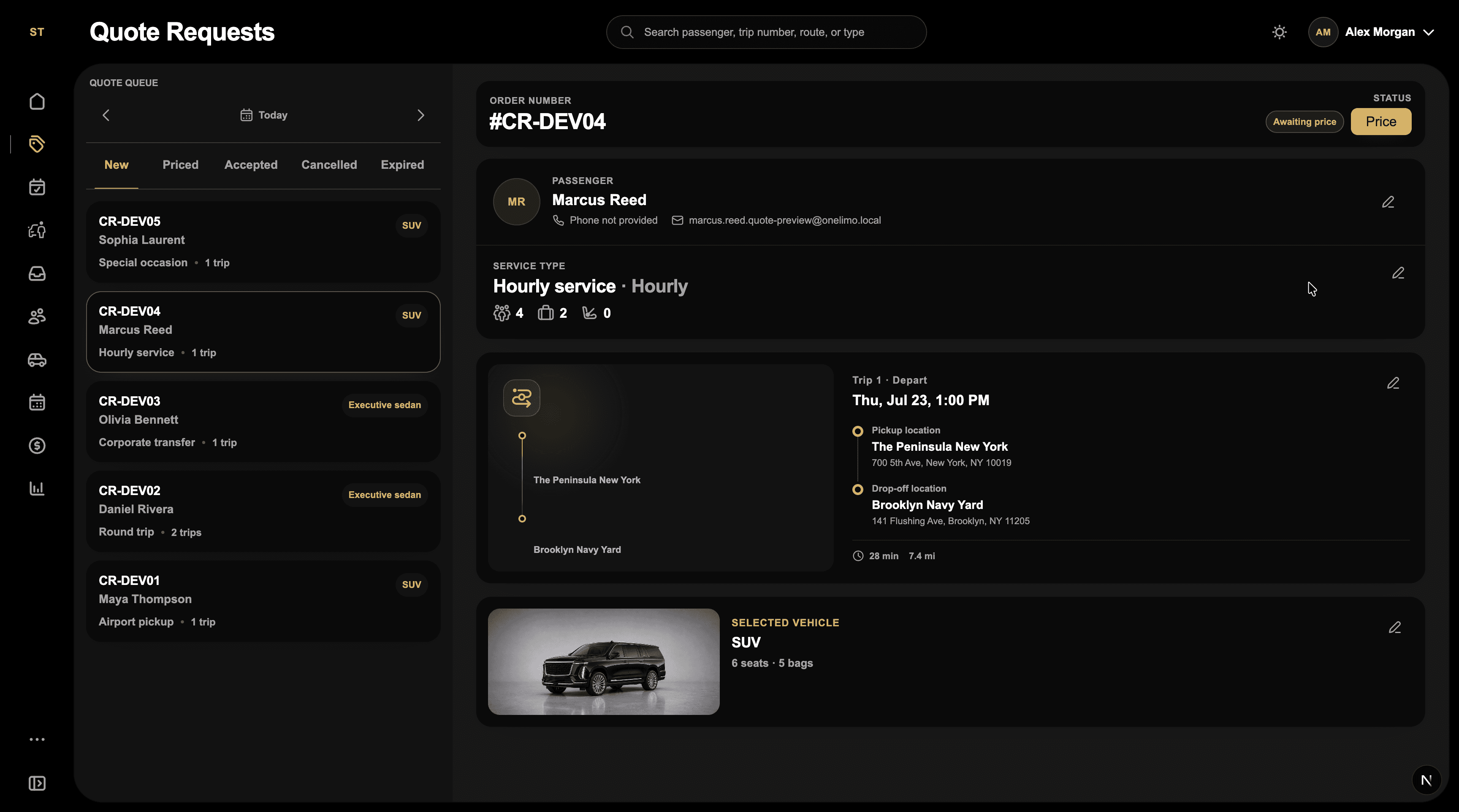 Quote request with passenger, route, and selected vehicle details